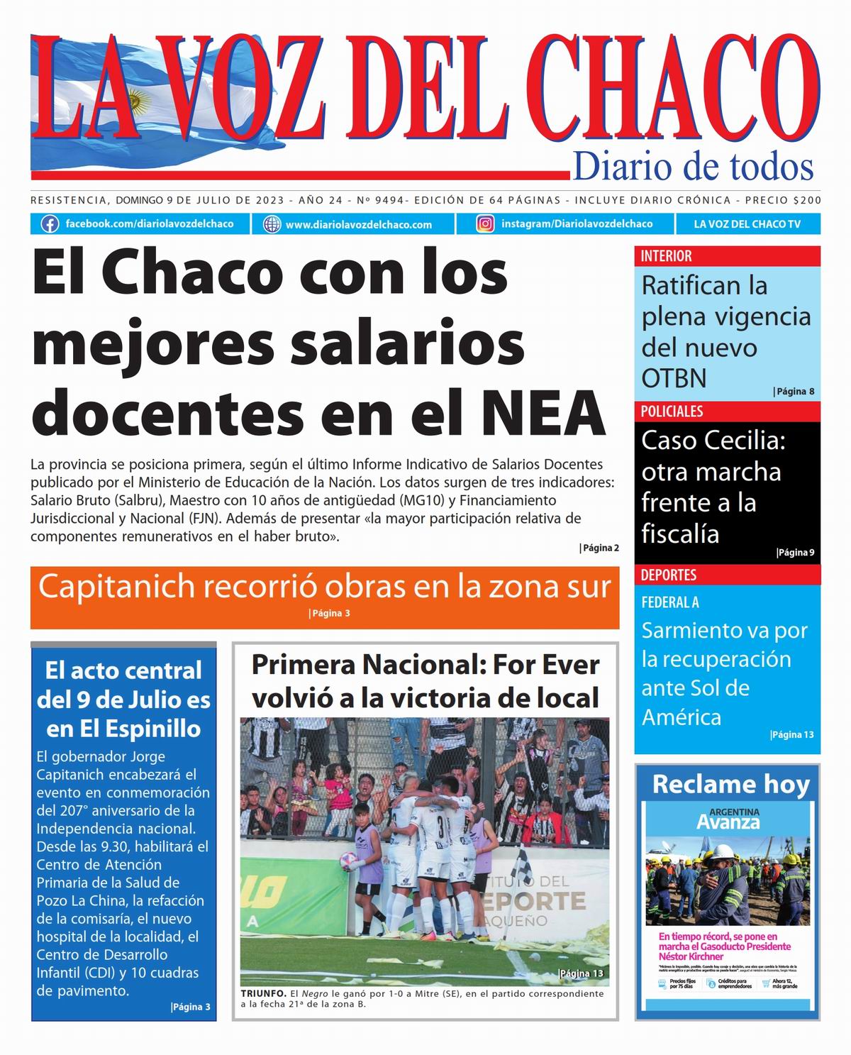 Tapa Y Contratapa 9 De Julio De 2023 Diario La Voz Del Chaco