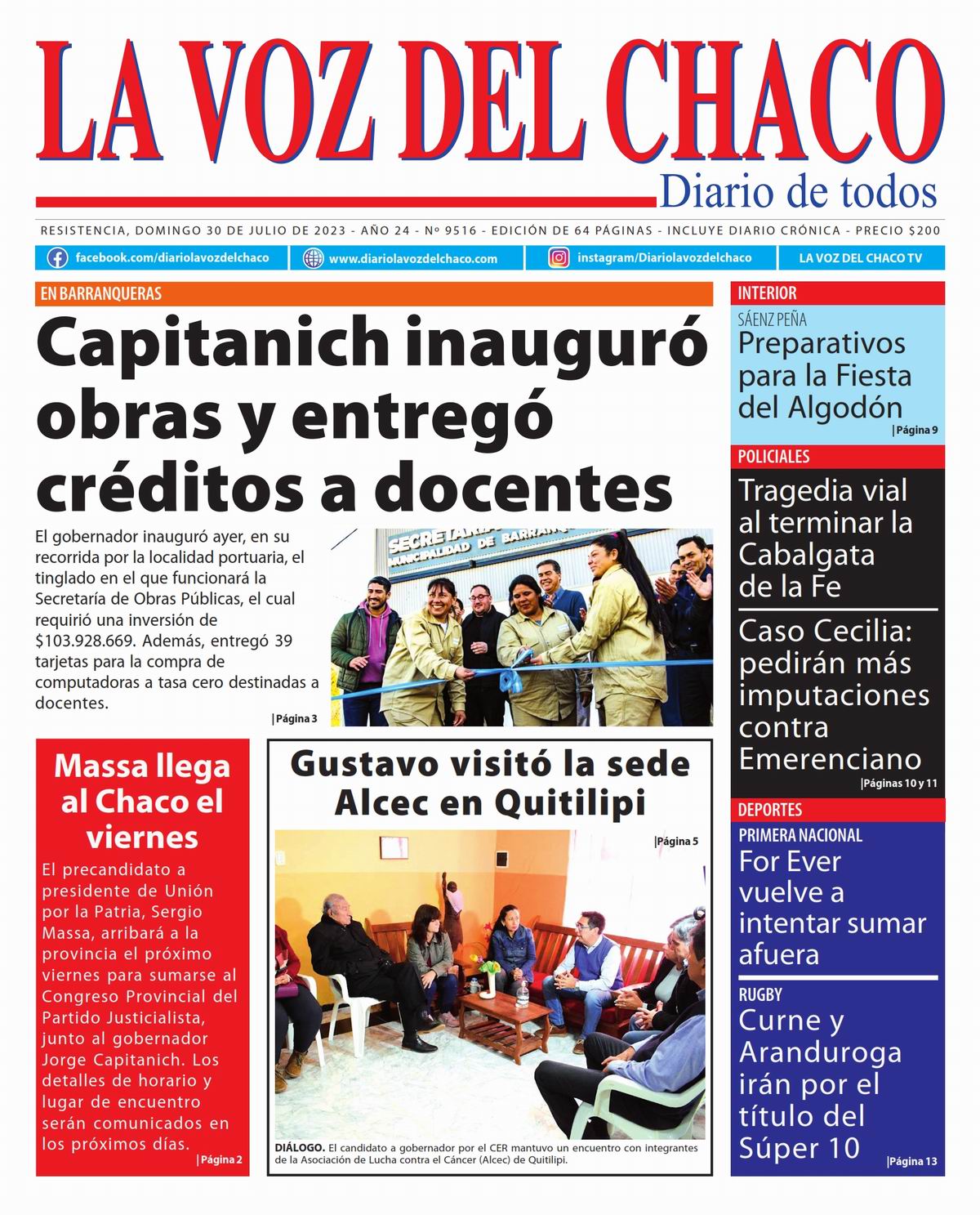 Tapa Y Contratapa 30 De Julio De 2023 Diario La Voz Del Chaco