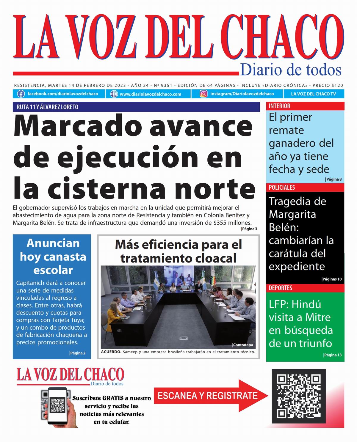 Tapa y Contratapa 14 de febrero de 2023 Diario La Voz del Chaco