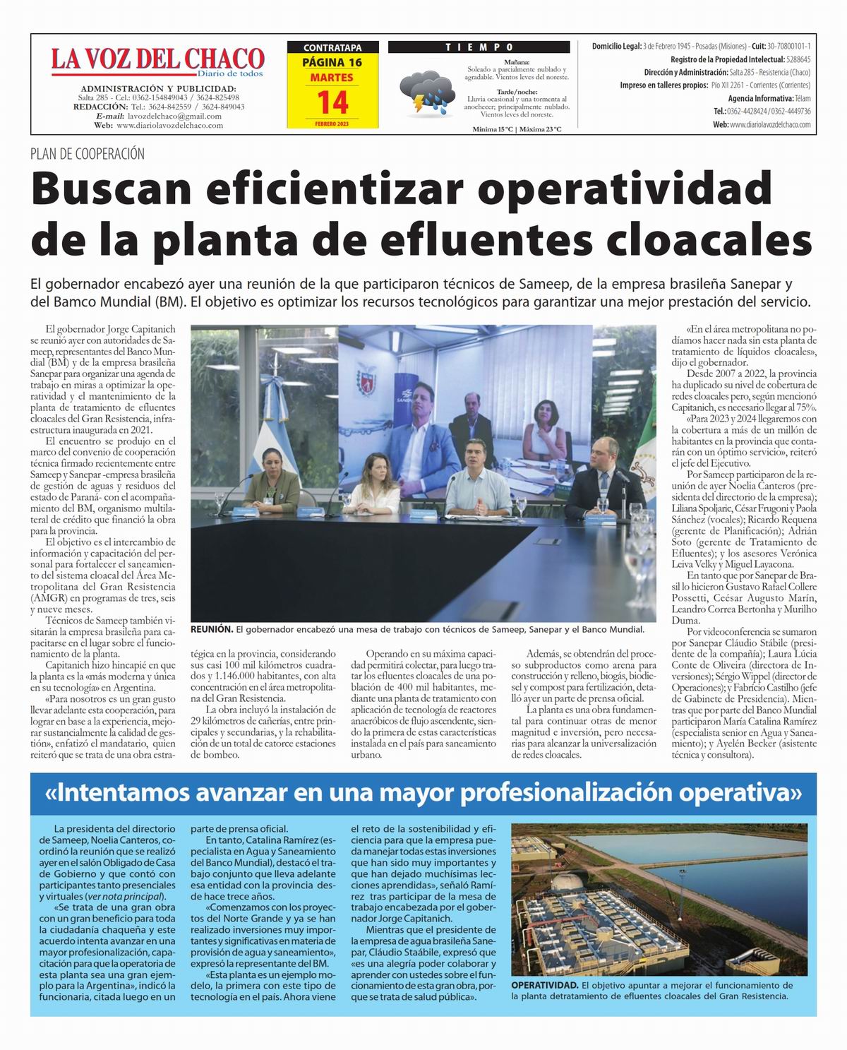 Tapa y Contratapa 14 de febrero de 2023 Diario La Voz del Chaco