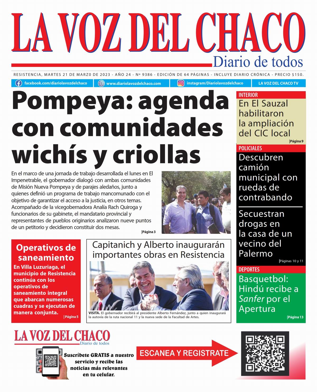 Tapa y Contratapa 21 de marzo de 2023 Diario La Voz del Chaco