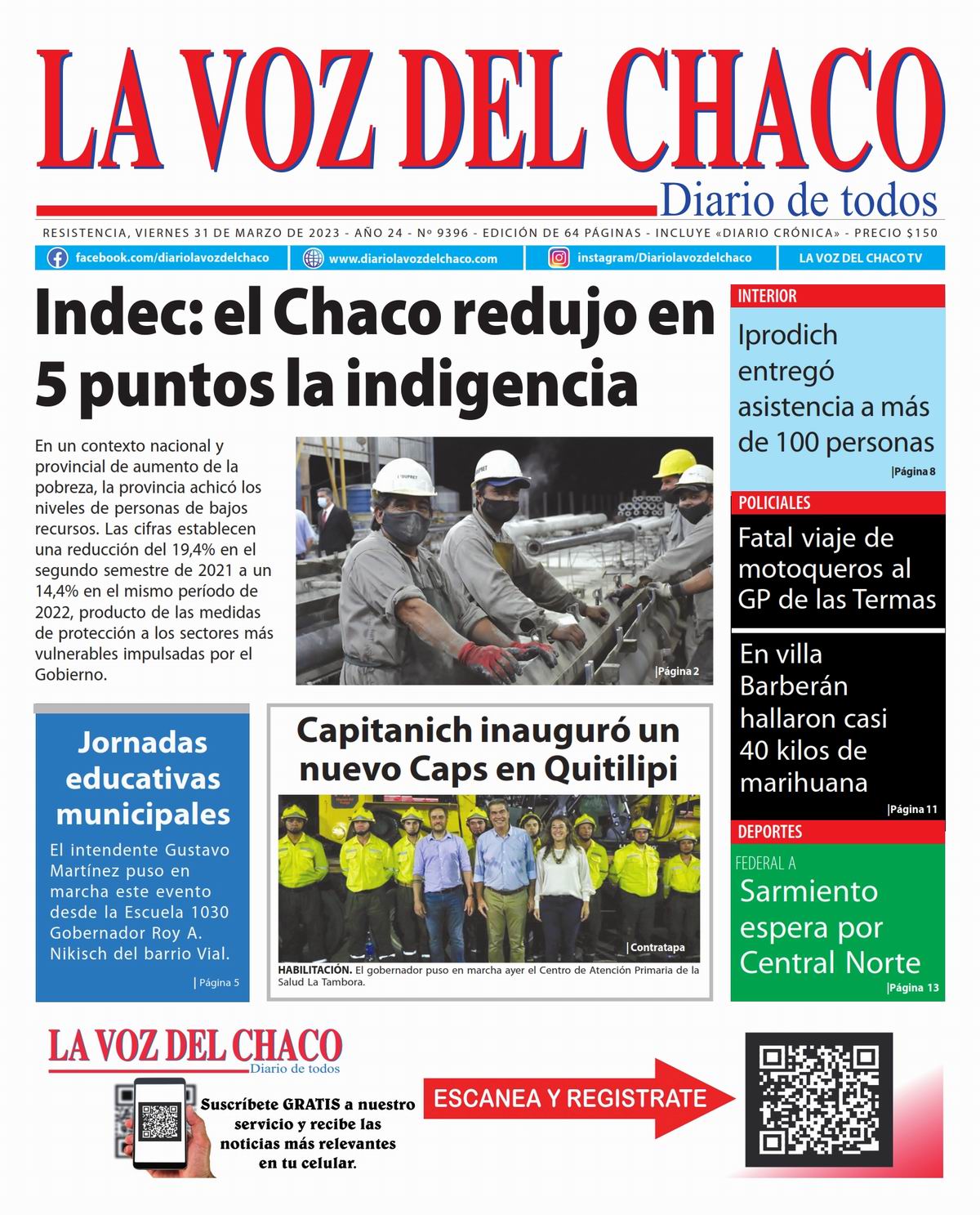 Tapa y Contratapa 31 de marzo de 2023 Diario La Voz del Chaco