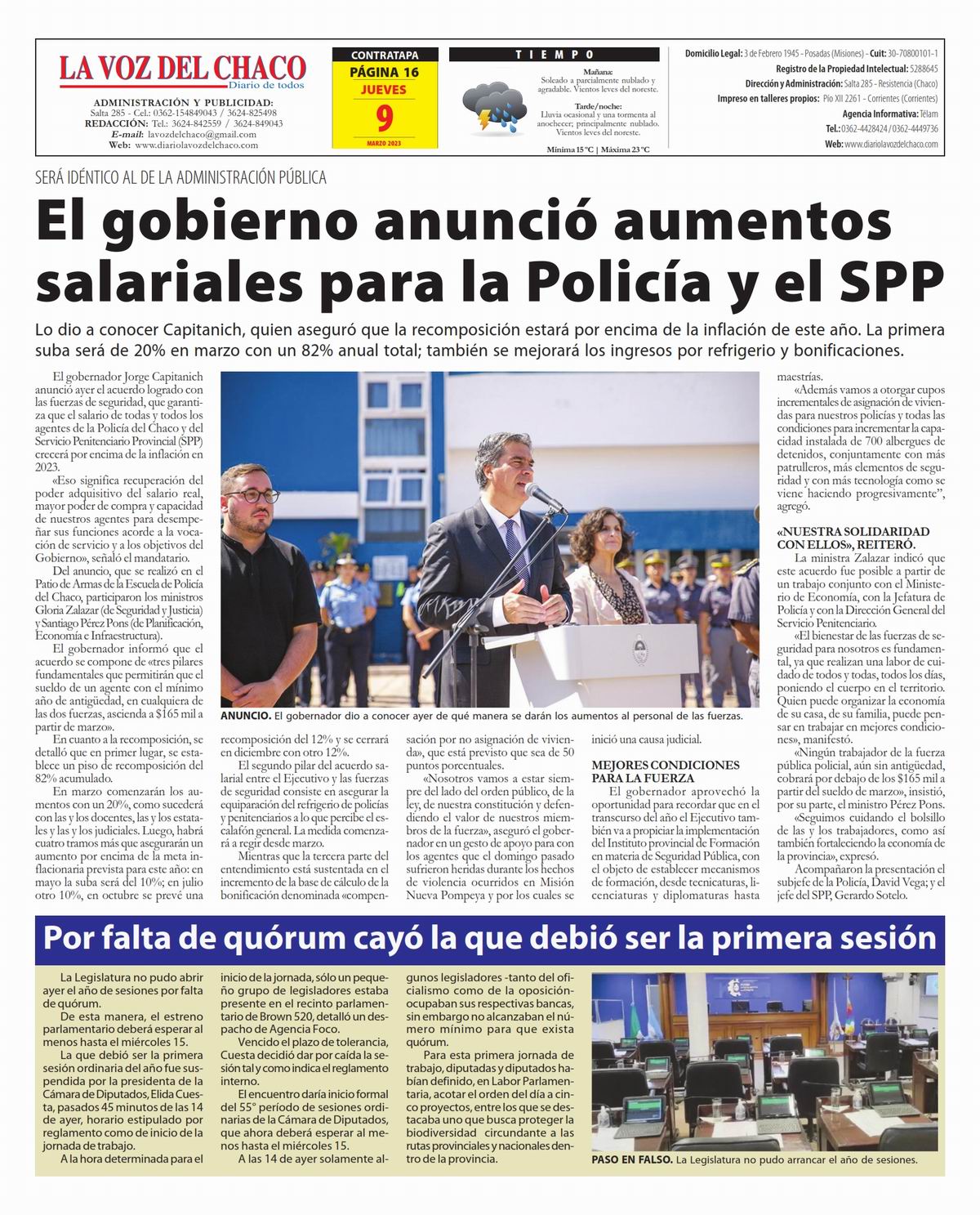 Tapa y Contratapa 9 de marzo de 2023 Diario La Voz del Chaco