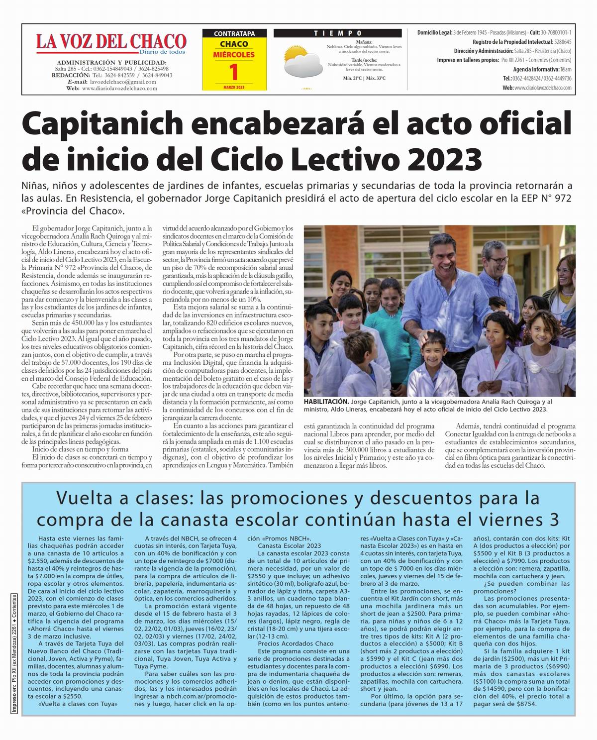 Tapa y Contratapa 1 de marzo de 2023 Diario La Voz del Chaco