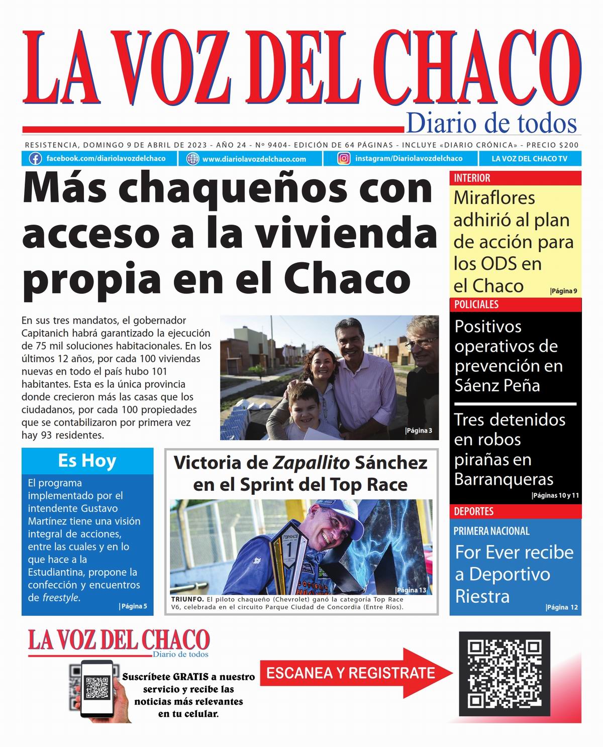 Tapa y Contratapa 9 de abril de 2023 Diario La Voz del Chaco