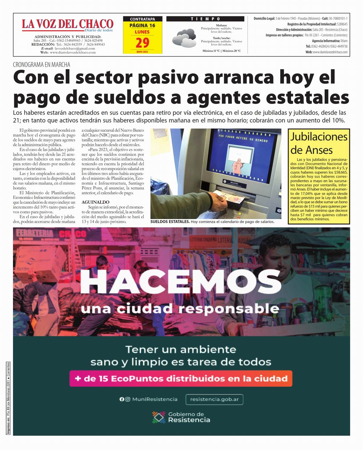 Tapa y Contratapa 29 de mayo de 2023 Diario La Voz del Chaco