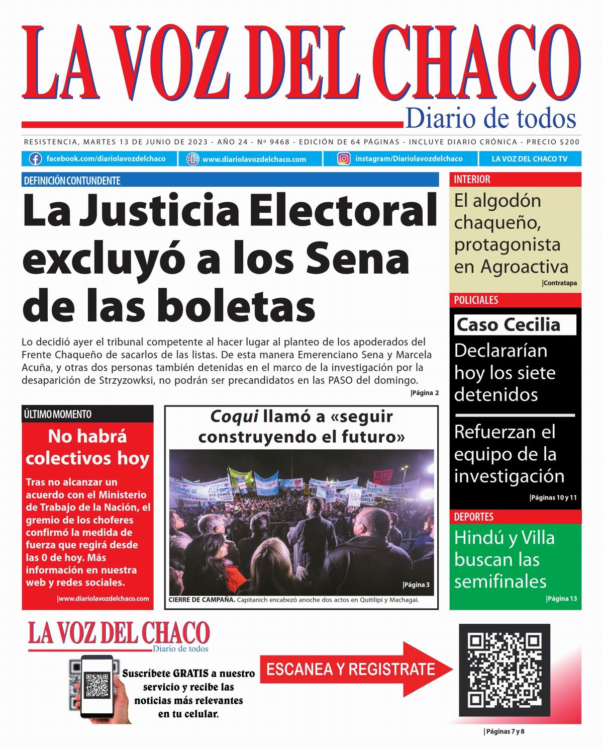 Tapa y Contratapa 13 de junio de 2023 Diario La Voz del Chaco