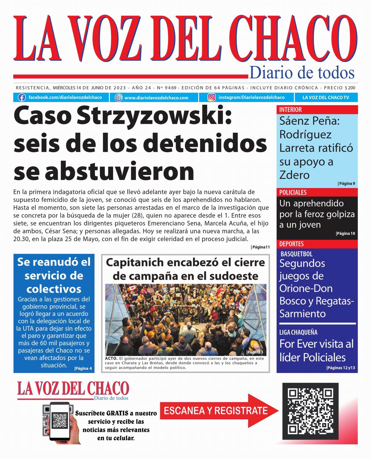 Tapa y Contratapa 14 de junio de 2023 Diario La Voz del Chaco