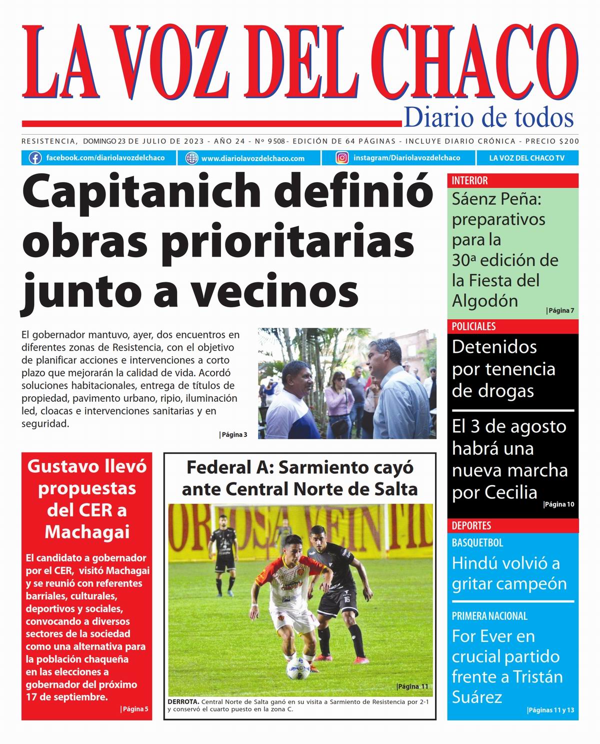 Tapa y Contratapa 23 de julio de 2023 Diario La Voz del Chaco