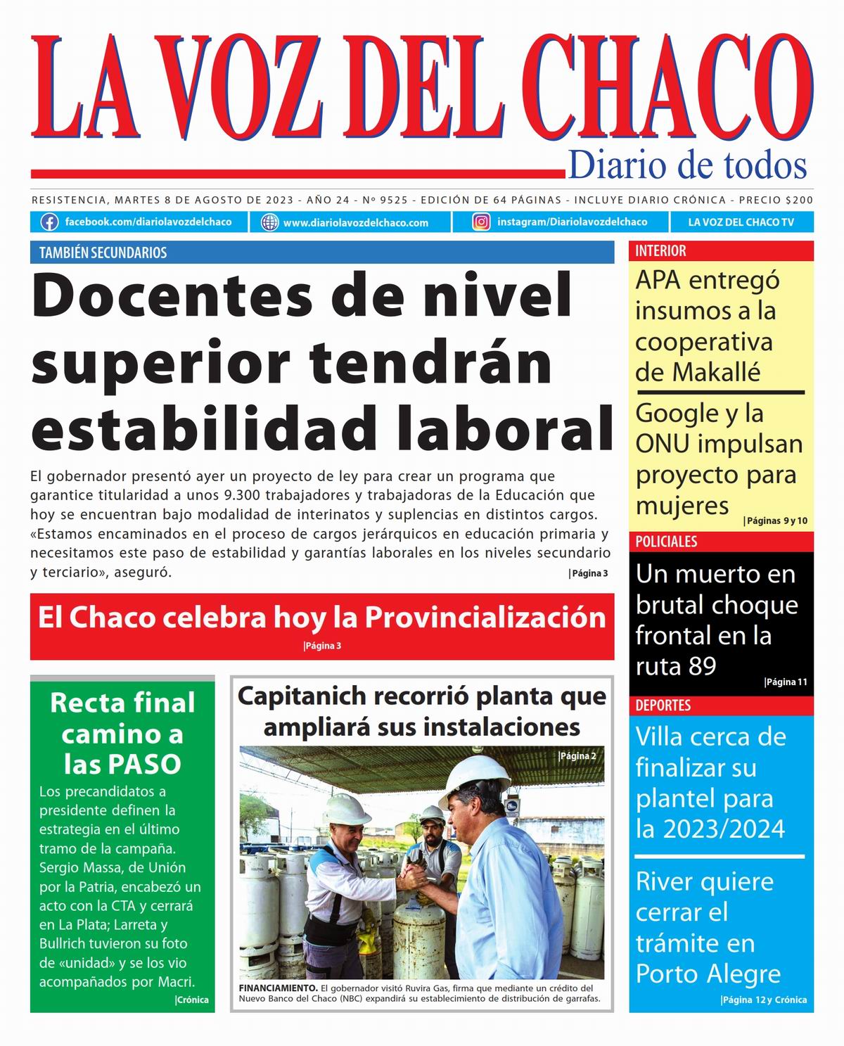 Tapa y Contratapa 8 de agosto de 2023 Diario La Voz del Chaco