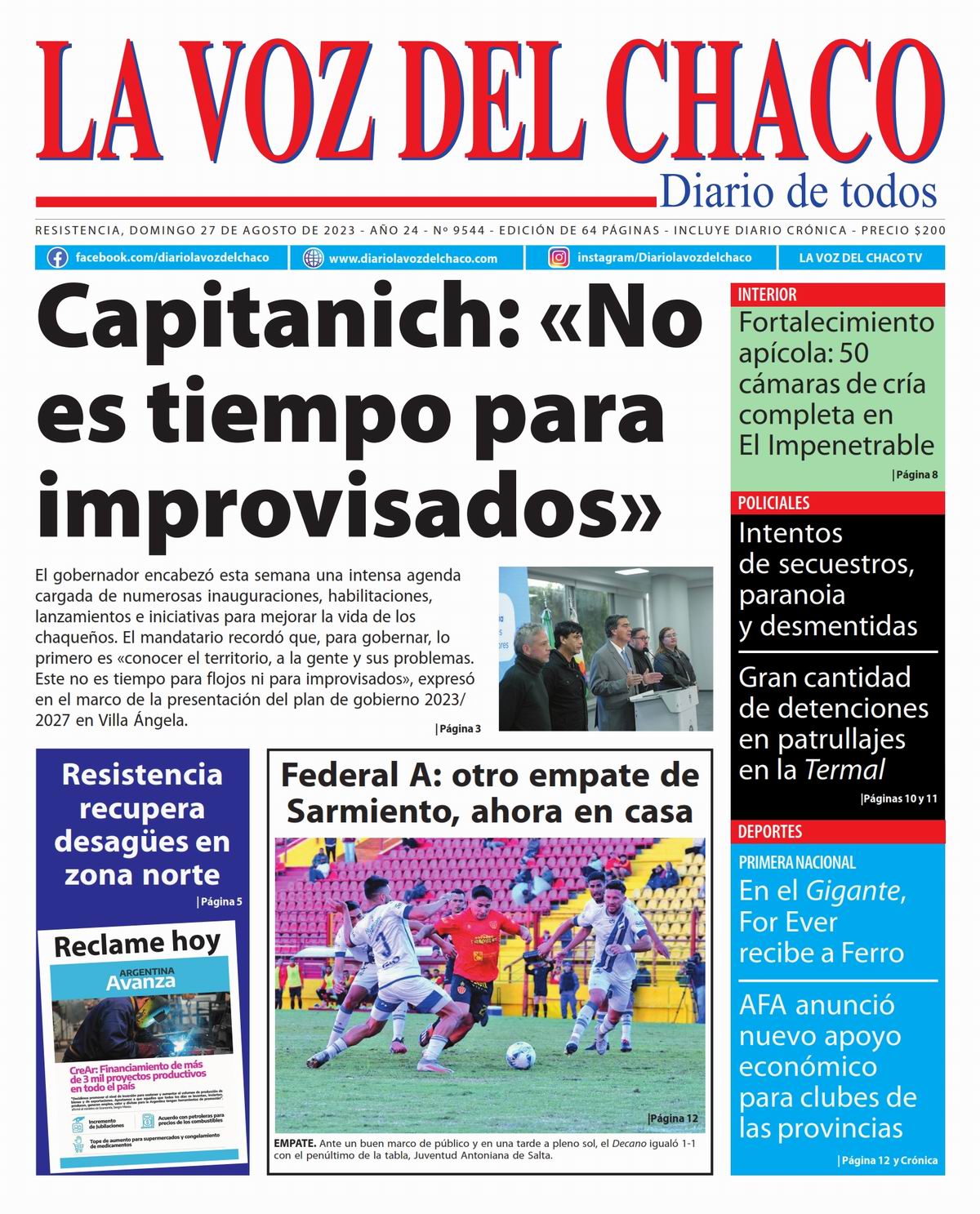 Tapa y Contratapa 27 de agosto de 2023 Diario La Voz del Chaco