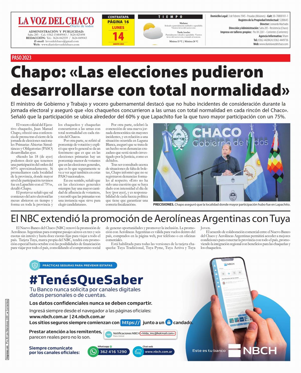 Tapa y Contratapa 14 de agosto de 2023 Diario La Voz del Chaco