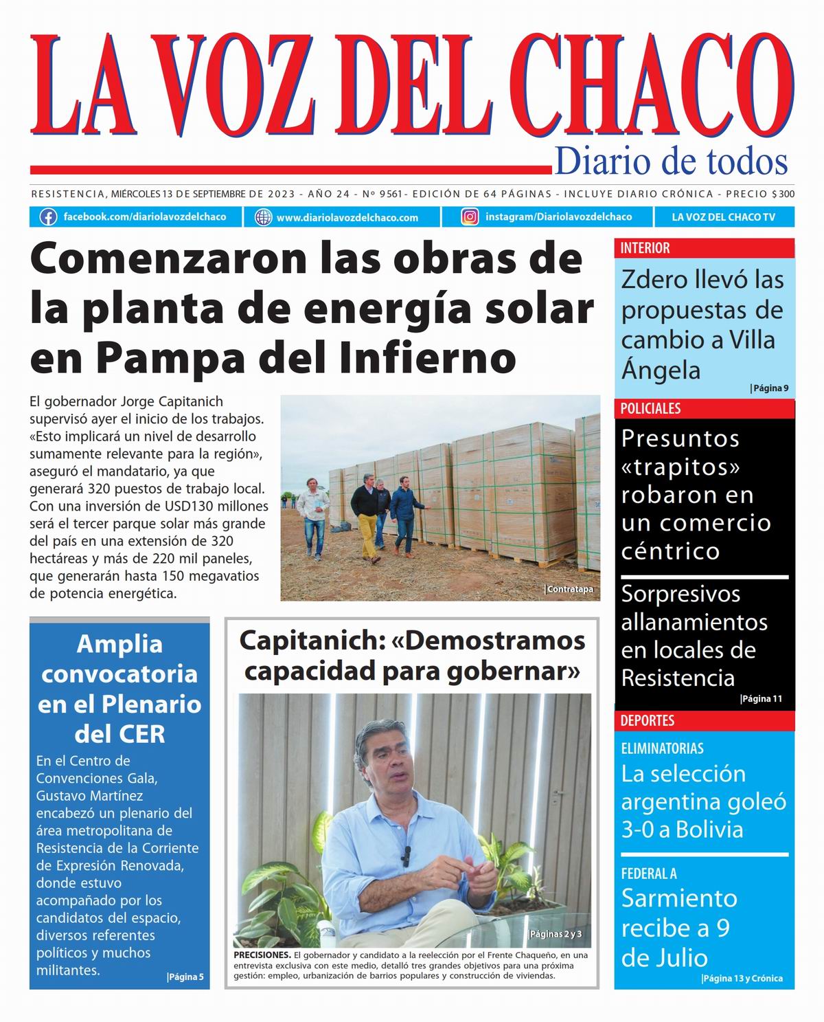 Tapa y Contratapa 13 de septiembre de 2023 Diario La Voz del Chaco