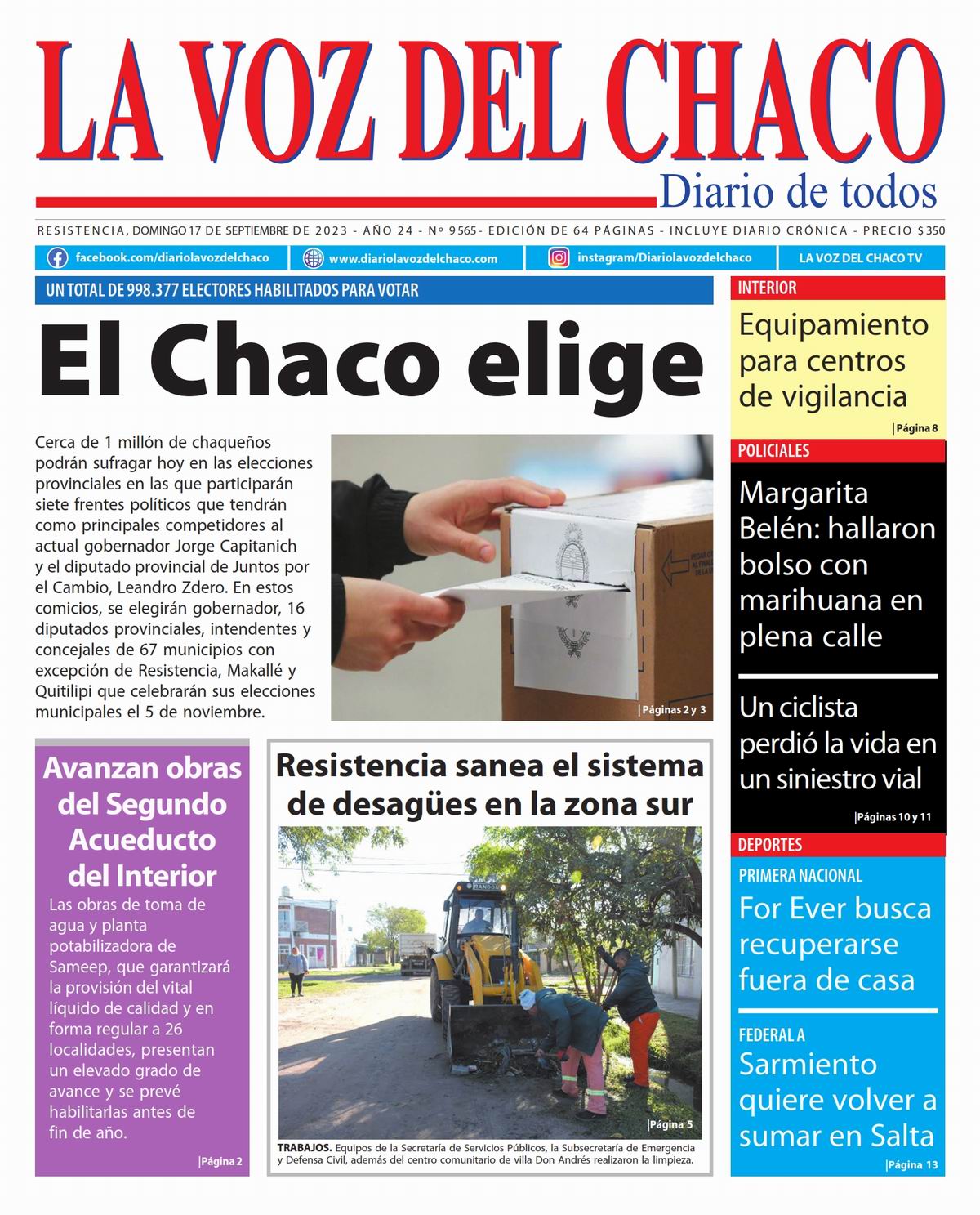 Tapa y Contratapa 17 de septiembre de 2023 Diario La Voz del Chaco