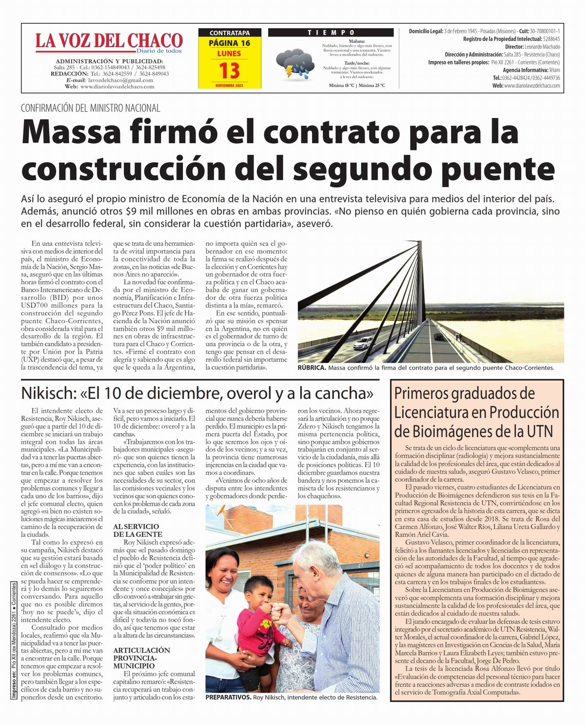 Tapa y Contratapa 13 de noviembre de 2023 Diario La Voz del Chaco