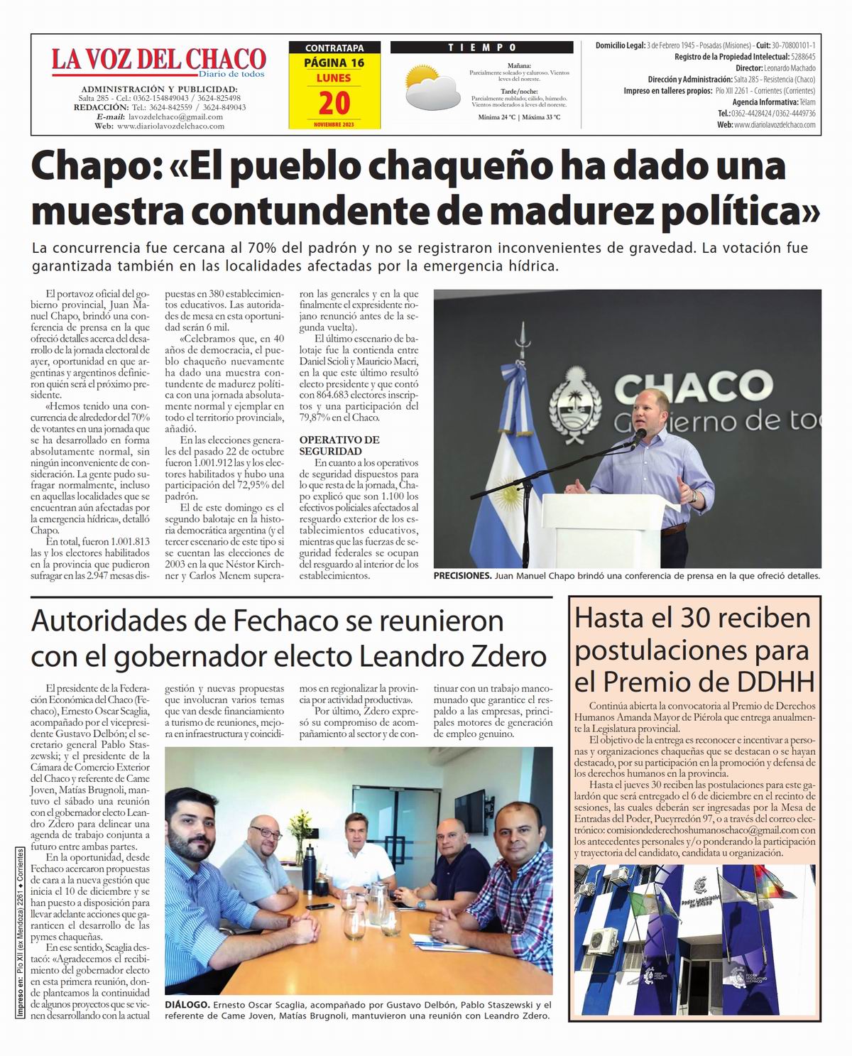 Tapa y Contratapa 20 de noviembre de 2023 Diario La Voz del Chaco