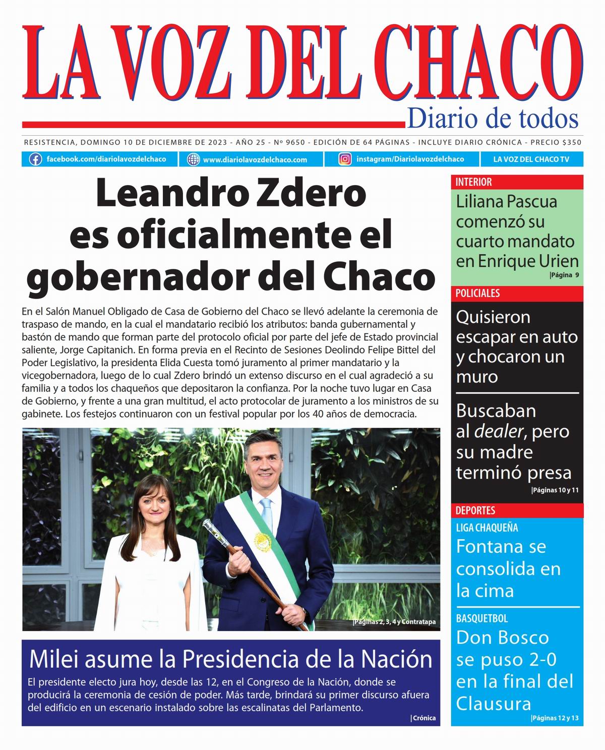 Tapa y Contratapa 10 de diciembre de 2023 Diario La Voz del Chaco