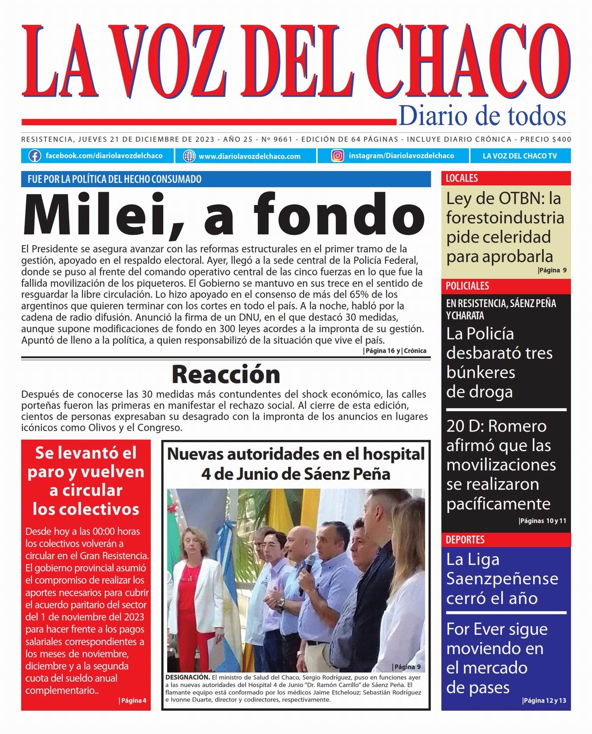 Tapa y Contratapa 21 de diciembre de 2023 Diario La Voz del Chaco