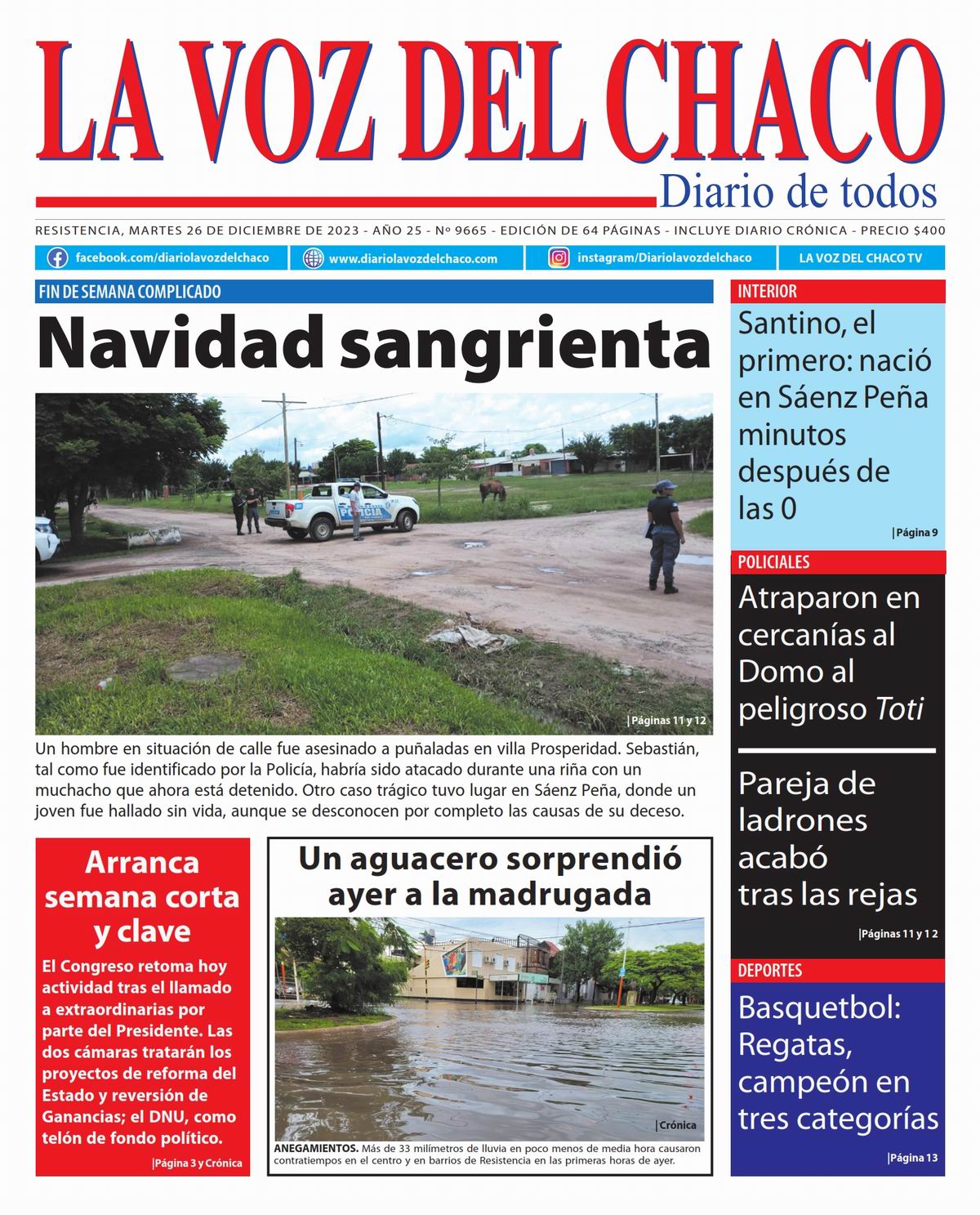 Tapa y Contratapa 26 de diciembre de 2023 Diario La Voz del Chaco