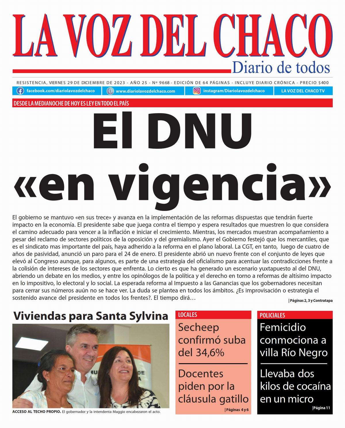 Tapa y Contratapa 29 de diciembre de 2023 Diario La Voz del Chaco