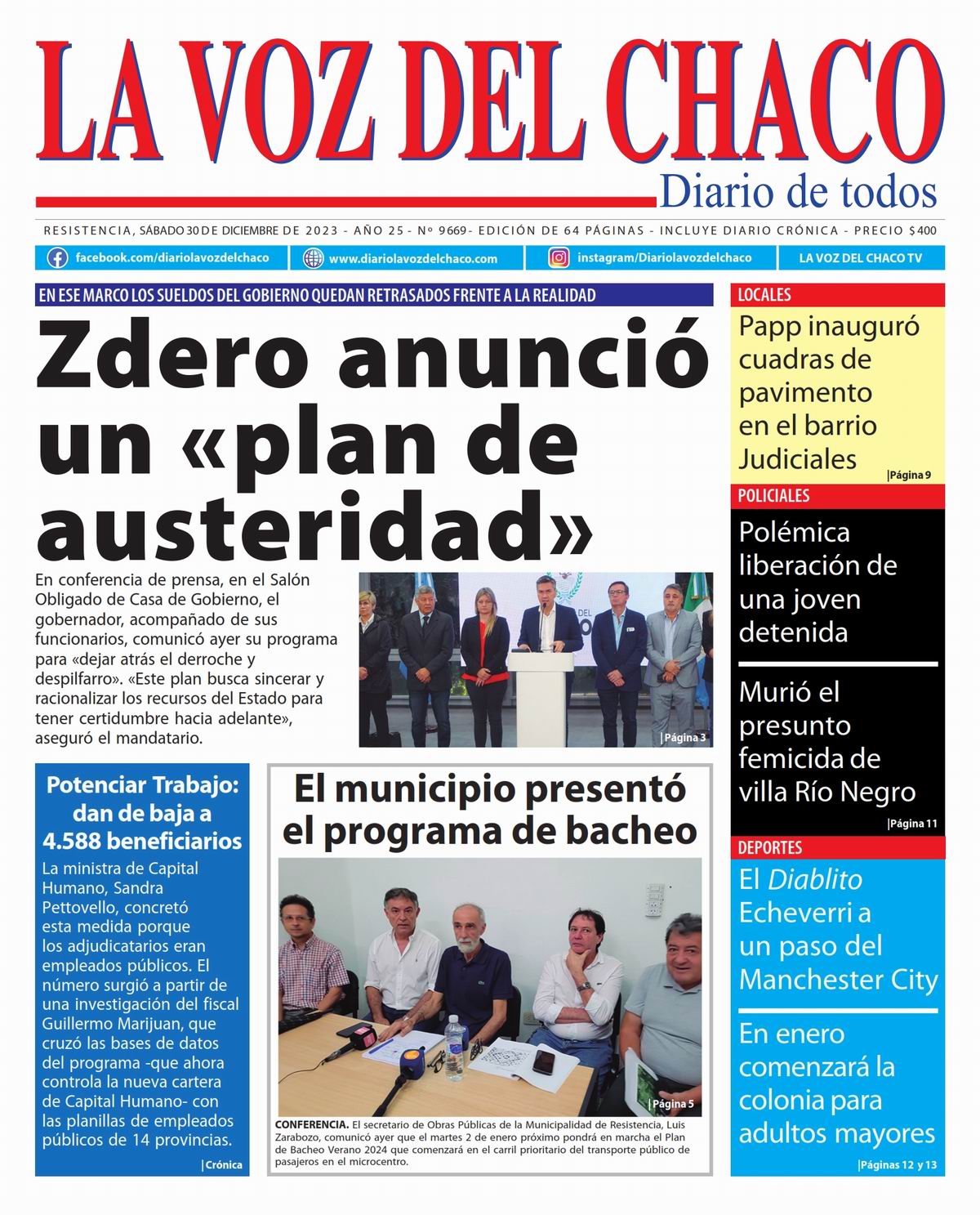 Tapa y Contratapa 30 de diciembre de 2023 Diario La Voz del Chaco