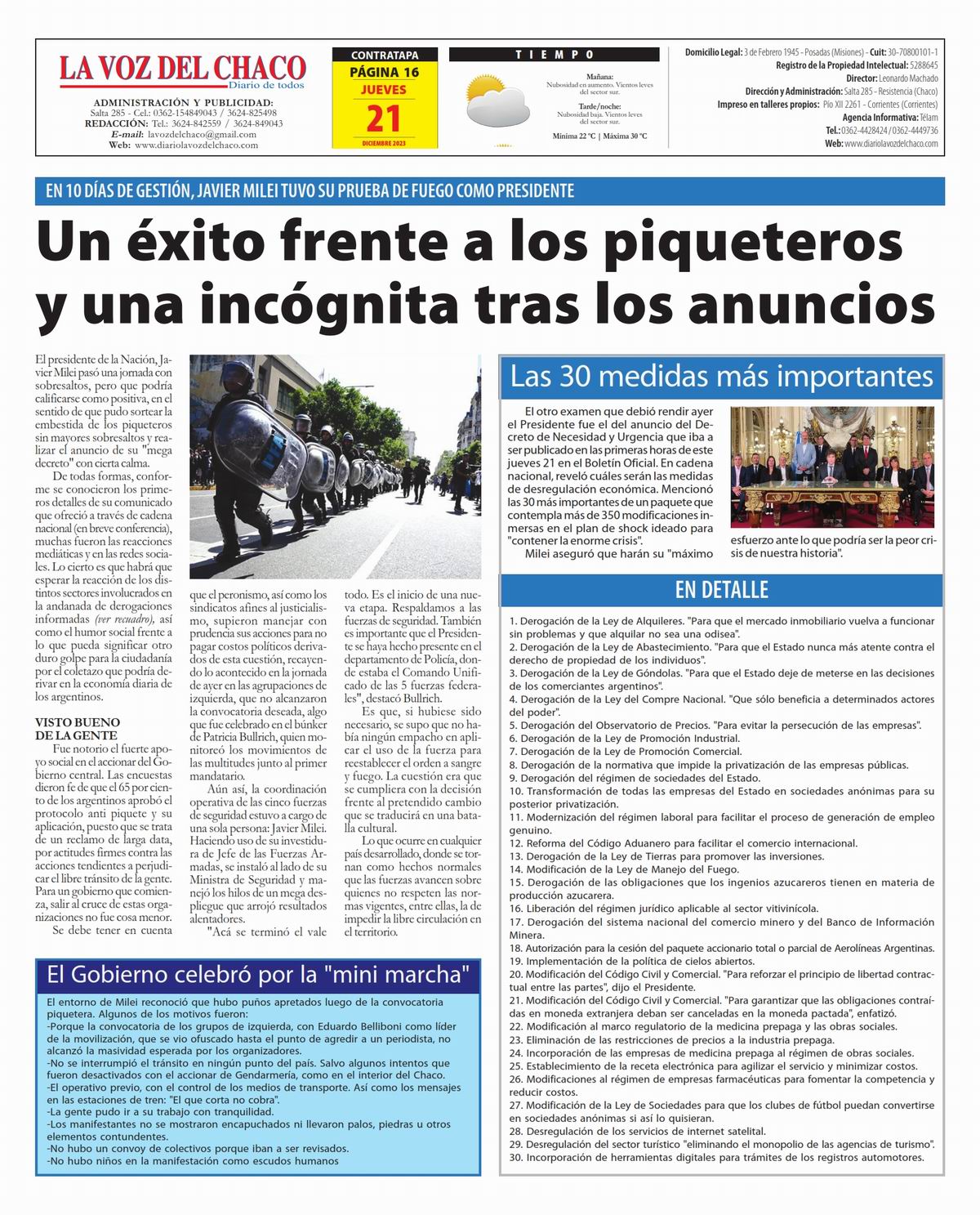 Tapa y Contratapa 21 de diciembre de 2023 Diario La Voz del Chaco