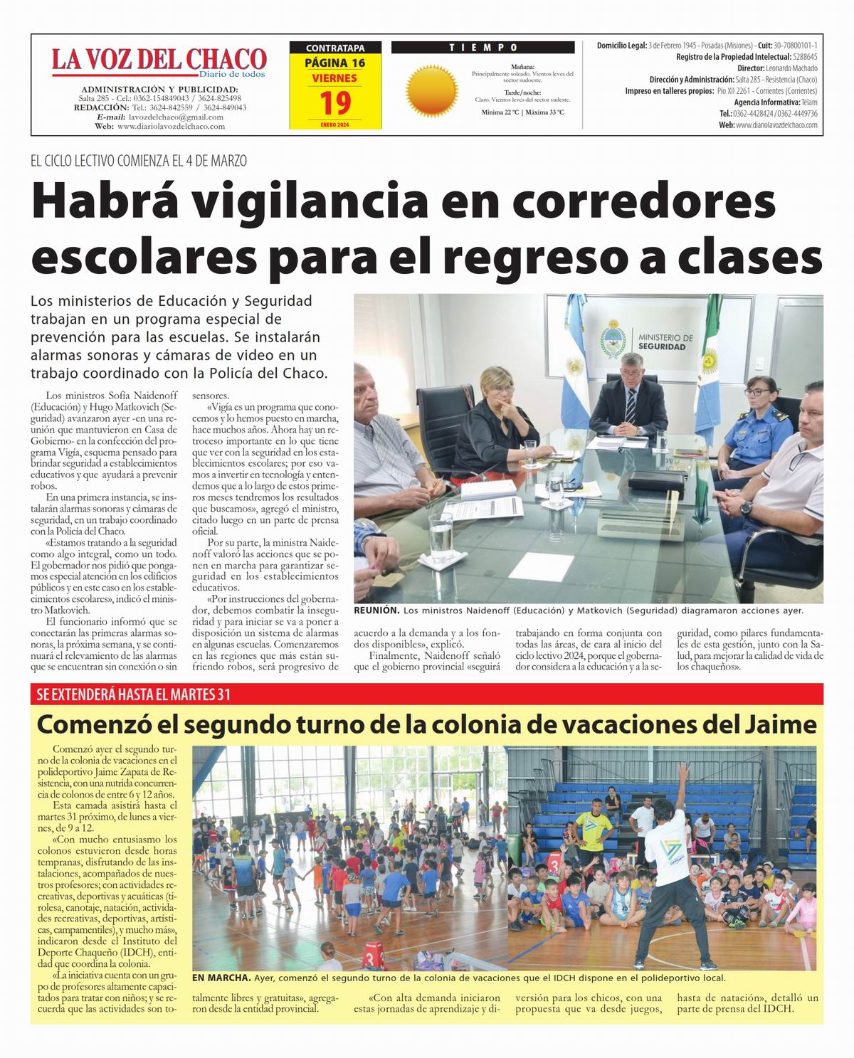 Tapa y Contratapa 19 de enero de 2024 Diario La Voz del Chaco