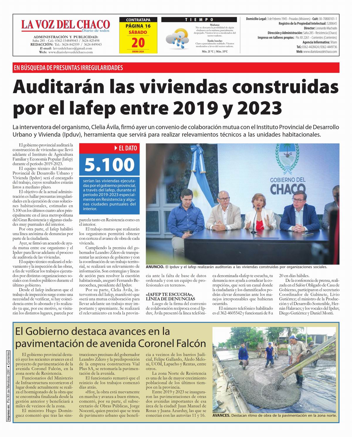 Tapa y Contratapa 20 de enero de 2024 Diario La Voz del Chaco