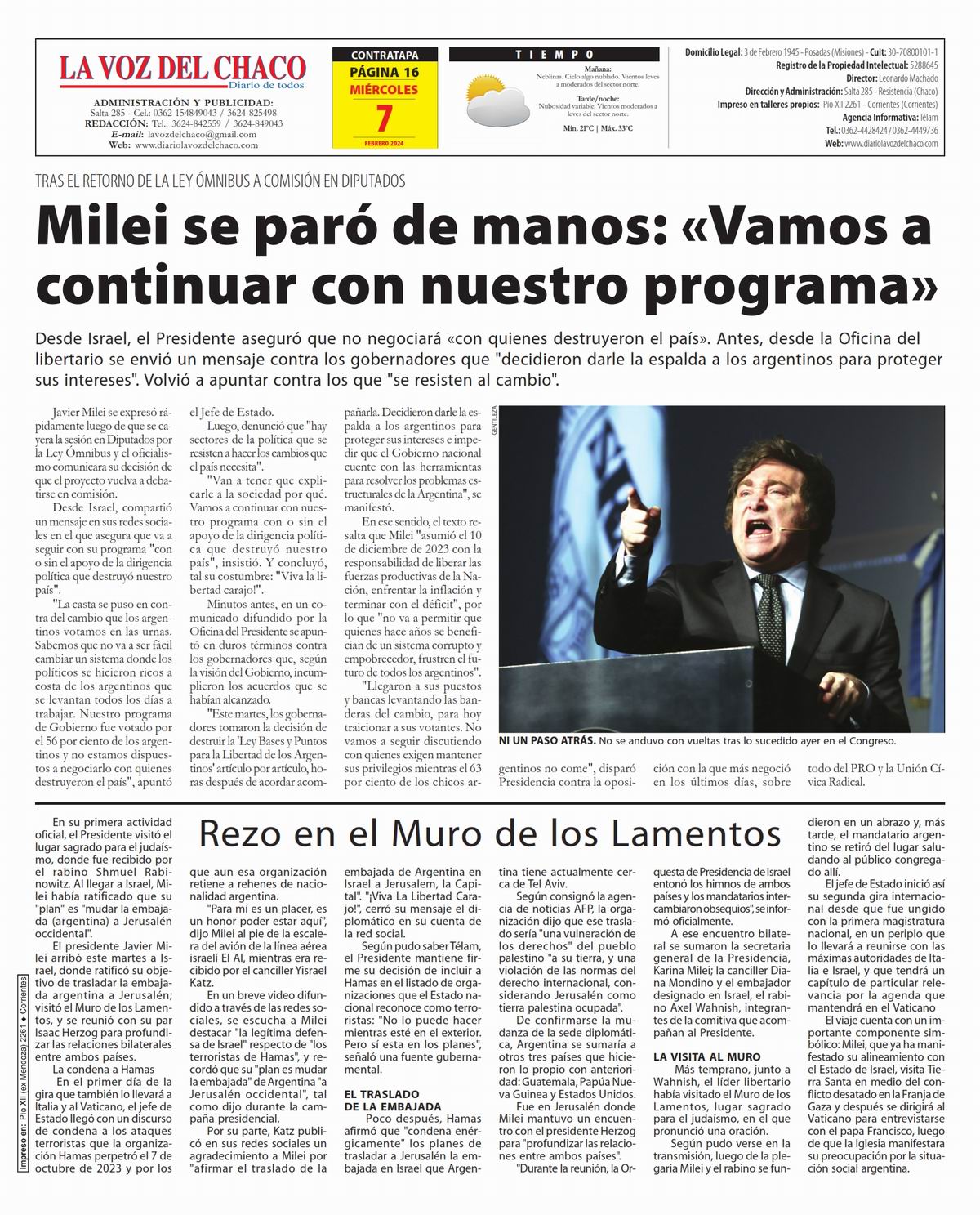 Tapa y Contratapa 7 de febrero de 2024 Diario La Voz del Chaco